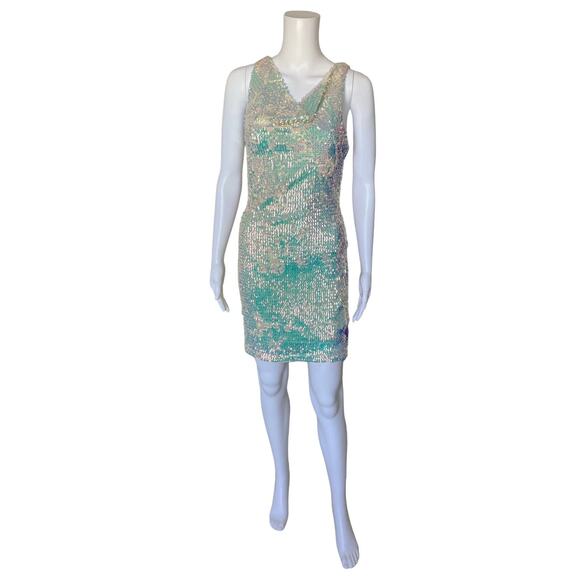 H&M Womens Size XS Sleeveless Clear Iridescent Sequined Cowl Neck Sheath Dress - Picture 1 of 8